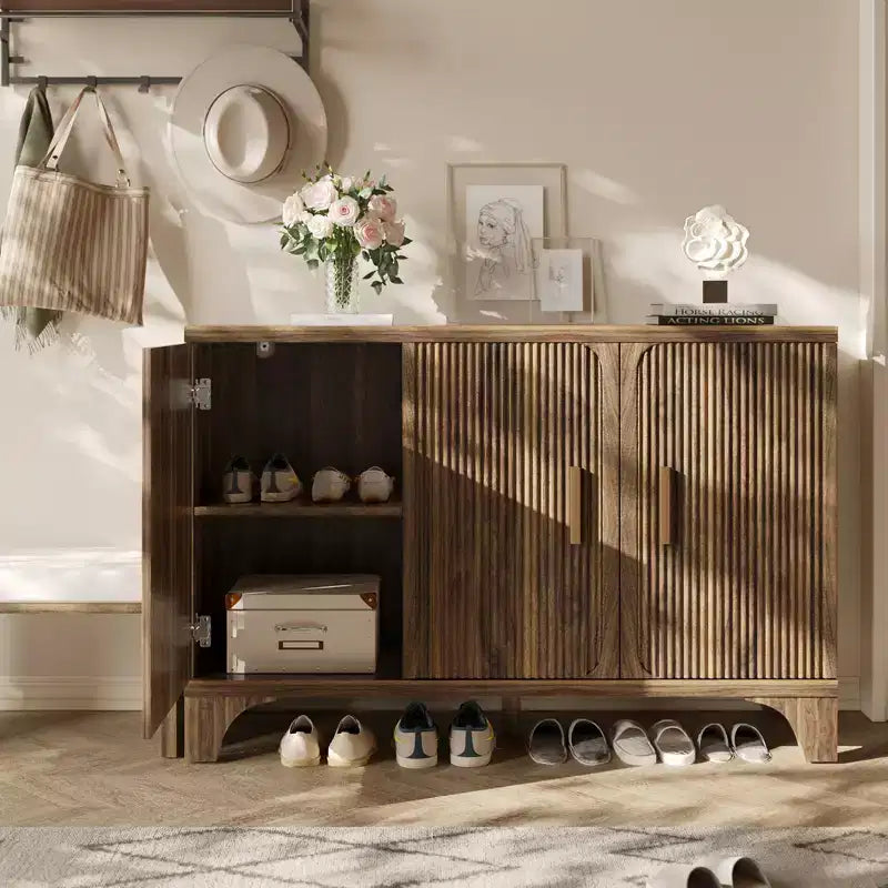 Fluted Sideboard Cabinet with Adjustable Shelves and Wood Doors
