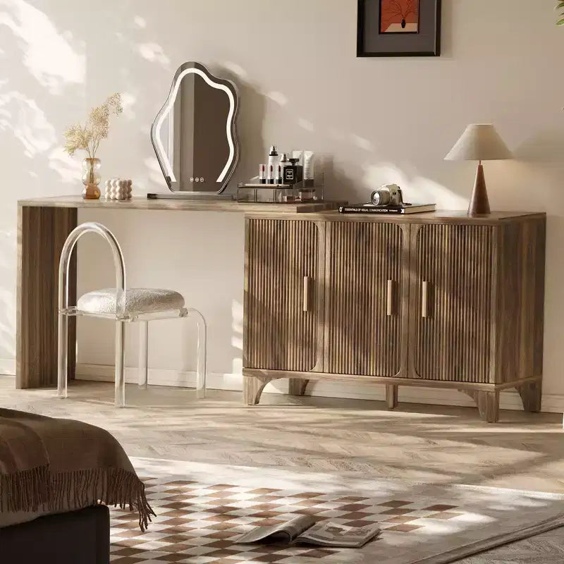 Fluted Sideboard Cabinet with Adjustable Shelves and Wood Doors