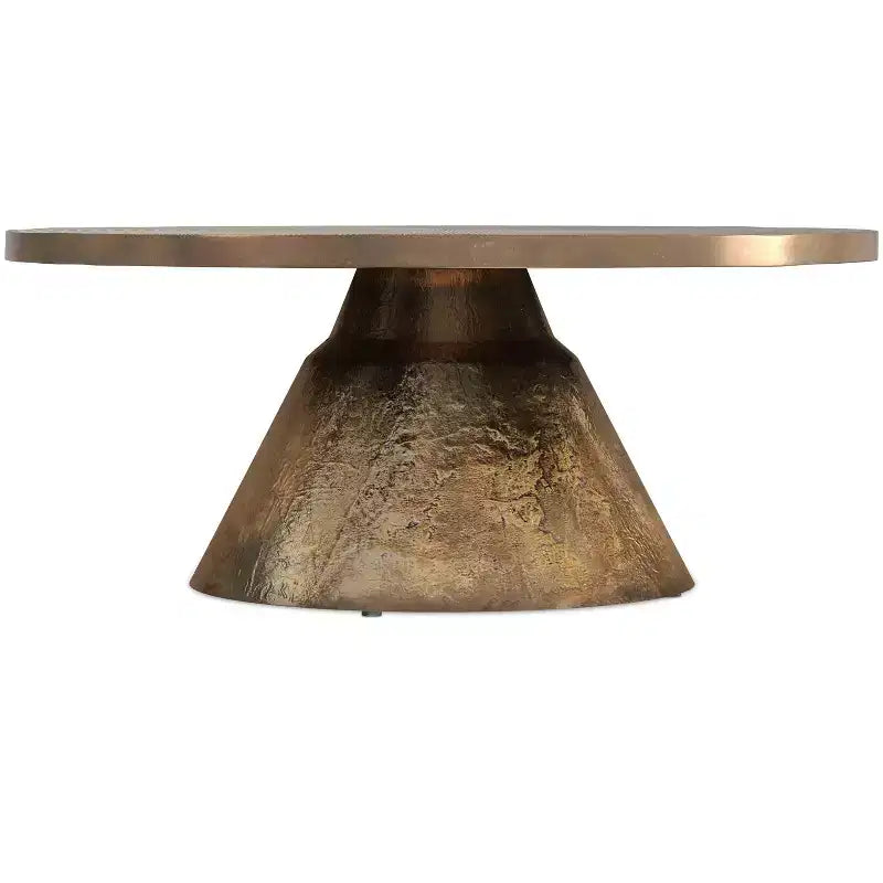 36 inch Wide Round Cast Aluminum Coffee Table in Vintage Brass, Fully Assembled