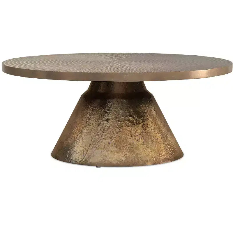 36 inch Wide Round Cast Aluminum Coffee Table in Vintage Brass, Fully Assembled