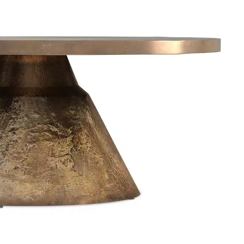 36 inch Wide Round Cast Aluminum Coffee Table in Vintage Brass, Fully Assembled