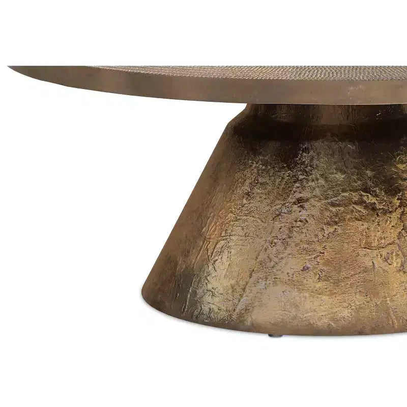 36 inch Wide Round Cast Aluminum Coffee Table in Vintage Brass, Fully Assembled