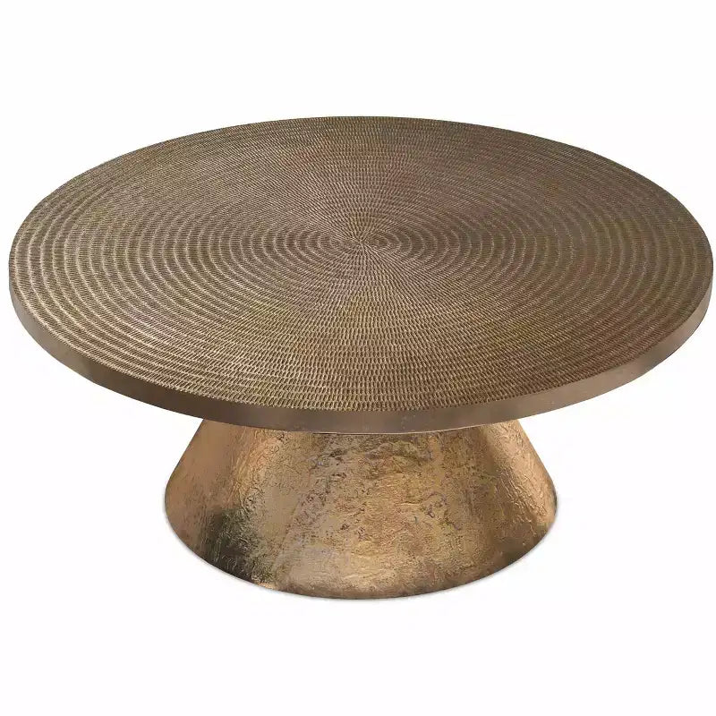 36 inch Wide Round Cast Aluminum Coffee Table in Vintage Brass, Fully Assembled
