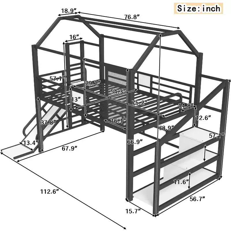House Loft Bed with Slide and Storage Stairs - Metal Frame for Kids and Teens