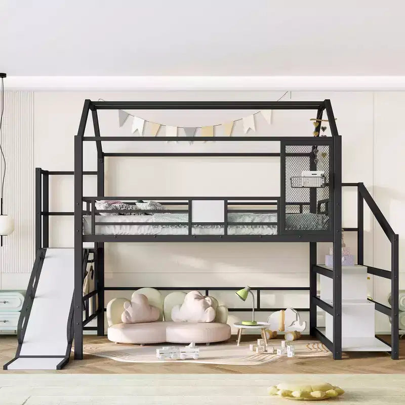 House Loft Bed with Slide and Storage Stairs - Metal Frame for Kids and Teens