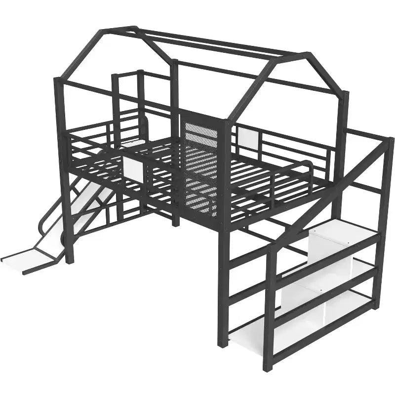 House Loft Bed with Slide and Storage Stairs - Metal Frame for Kids and Teens