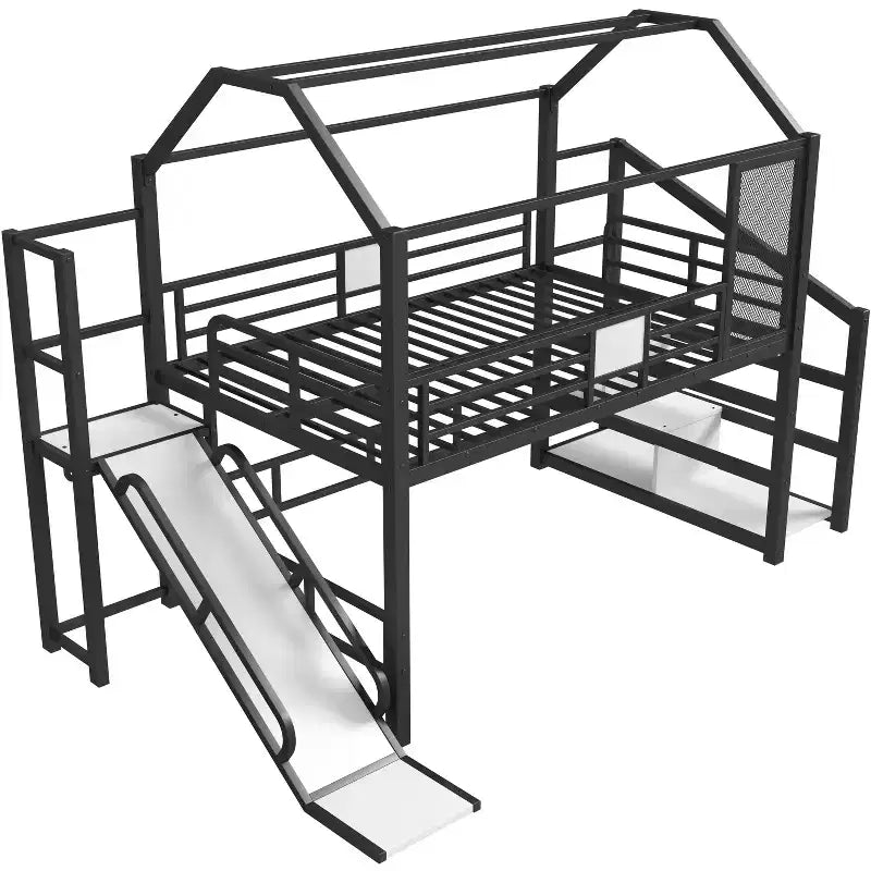 House Loft Bed with Slide and Storage Stairs - Metal Frame for Kids and Teens