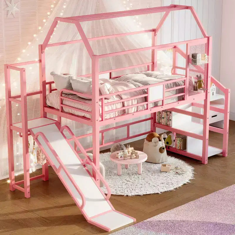 House Loft Bed with Slide and Storage Stairs - Metal Frame for Kids and Teens