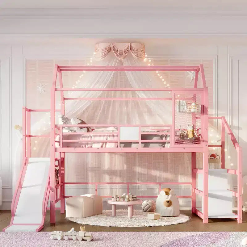 House Loft Bed with Slide and Storage Stairs - Metal Frame for Kids and Teens