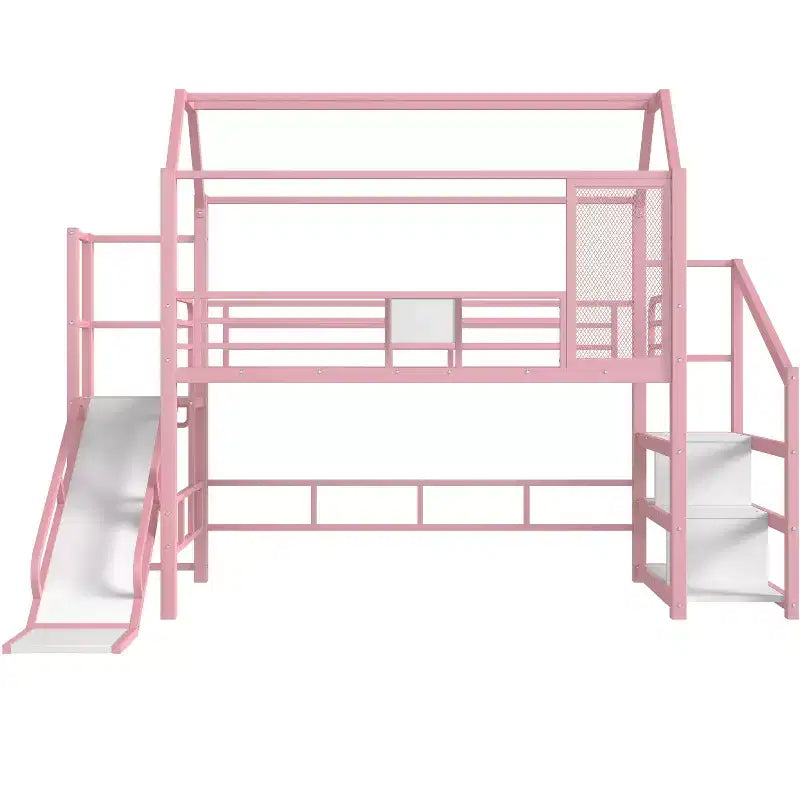 House Loft Bed with Slide and Storage Stairs - Metal Frame for Kids and Teens