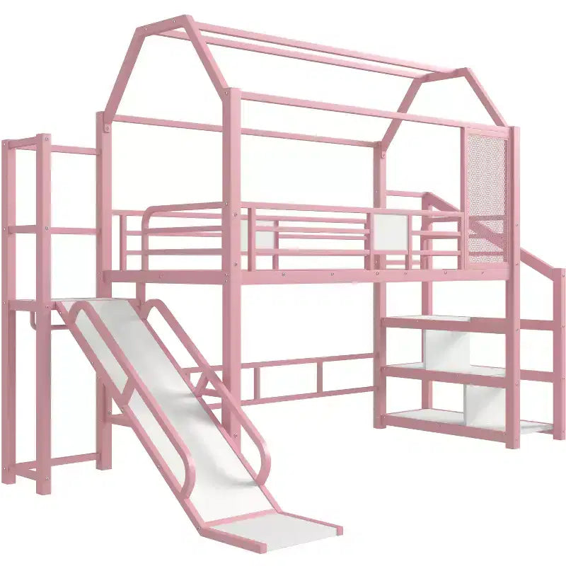 House Loft Bed with Slide and Storage Stairs - Metal Frame for Kids and Teens