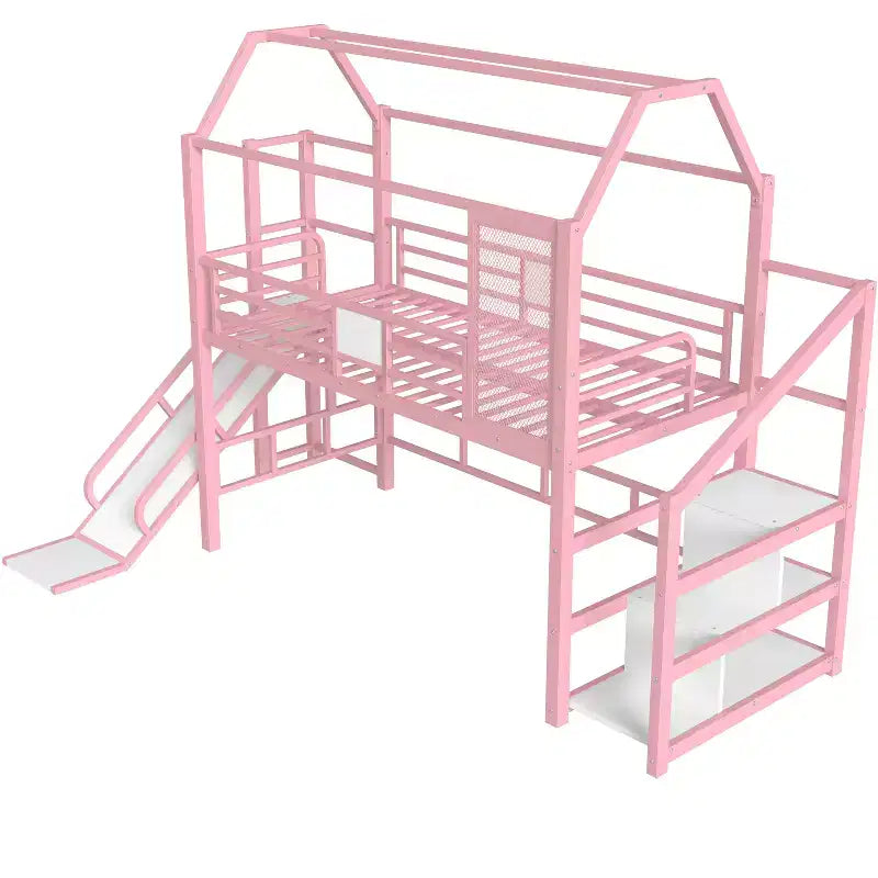 House Loft Bed with Slide and Storage Stairs - Metal Frame for Kids and Teens