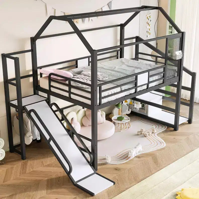 House Loft Bed with Slide and Storage Stairs - Metal Frame for Kids and Teens