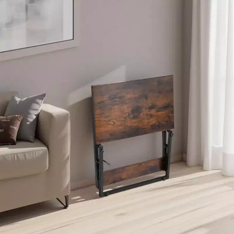 Folding C Shaped End Table with Metal Frame & Adjustable Feet, Brown+Black