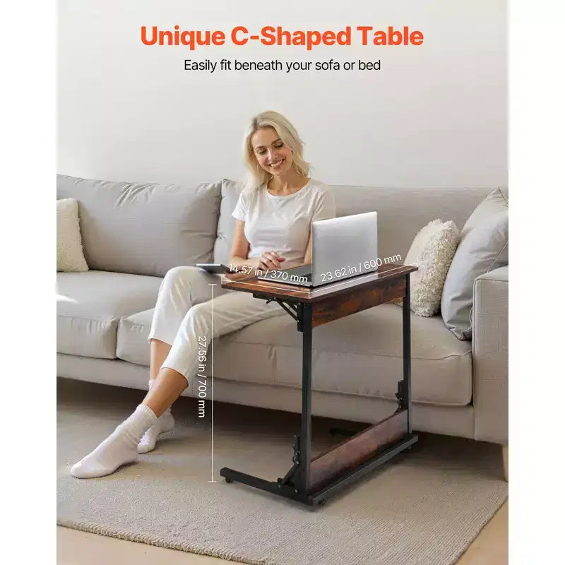 Folding C Shaped End Table with Metal Frame & Adjustable Feet, Brown+Black