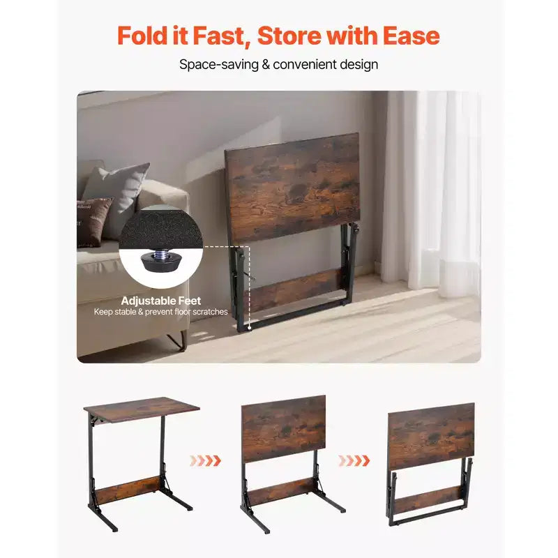 Folding C Shaped End Table with Metal Frame & Adjustable Feet, Brown+Black