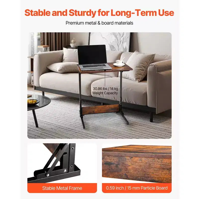 Folding C Shaped End Table with Metal Frame & Adjustable Feet, Brown+Black
