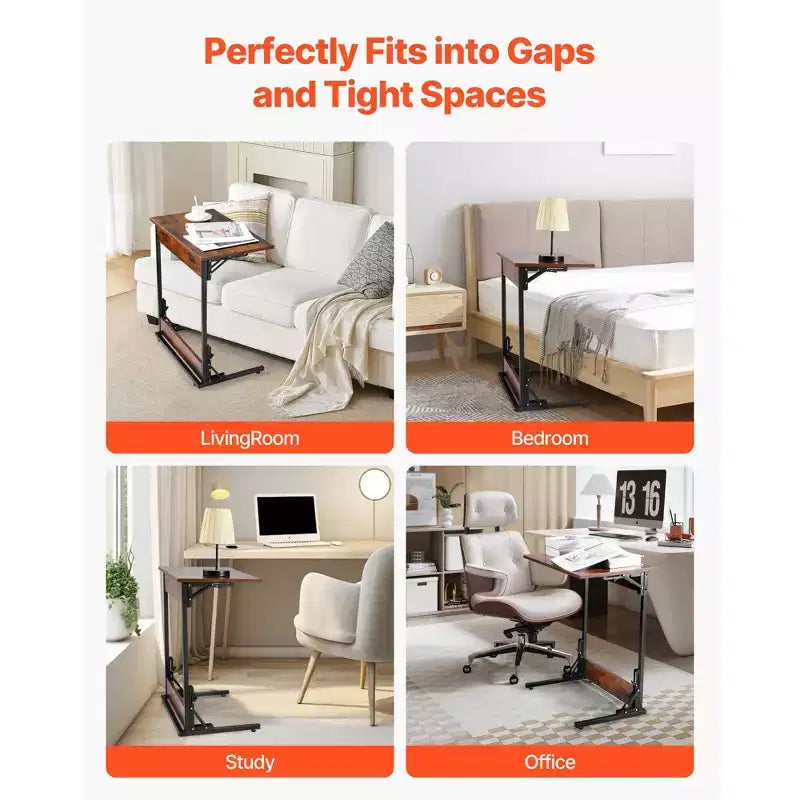 Folding C Shaped End Table with Metal Frame & Adjustable Feet, Brown+Black