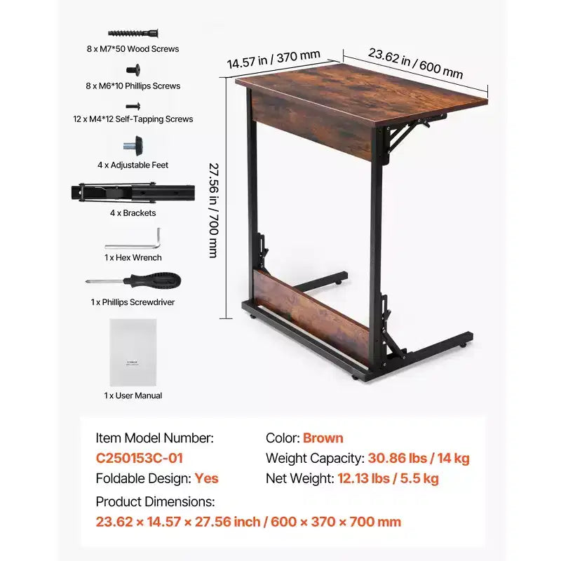 Folding C Shaped End Table with Metal Frame & Adjustable Feet, Brown+Black