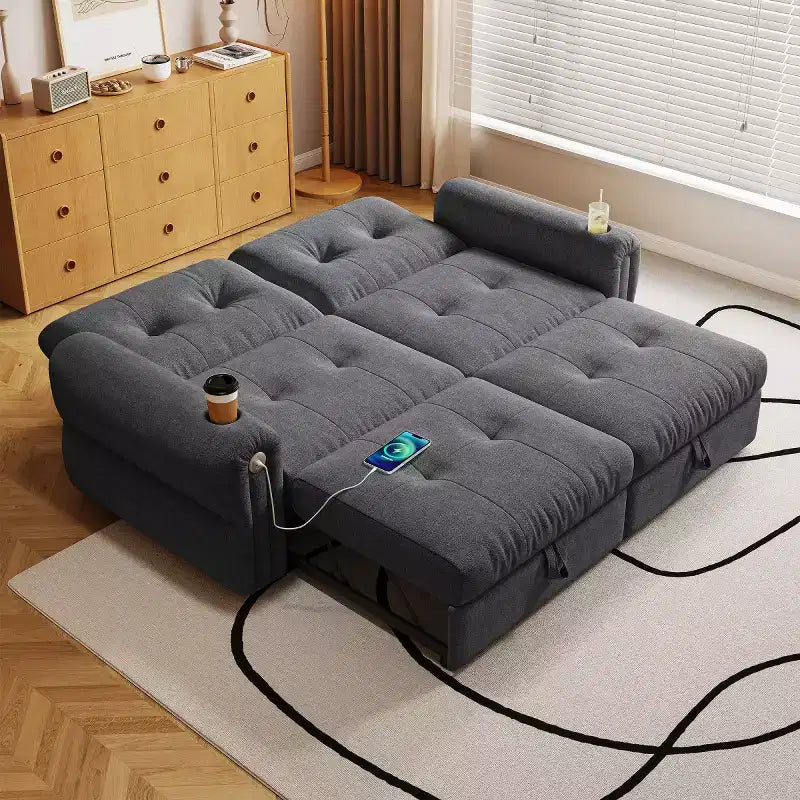 Modern 2-in-1 Convertible Sleeper Sofa Bed with Fold-Down Backrest, Soft Flannelette Pull-Out Sofa for Living Room or Guest Room