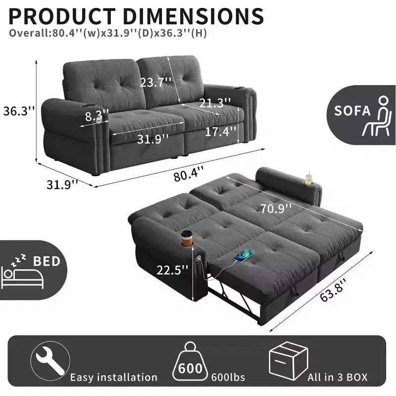Modern 2-in-1 Convertible Sleeper Sofa Bed with Fold-Down Backrest, Soft Flannelette Pull-Out Sofa for Living Room or Guest Room