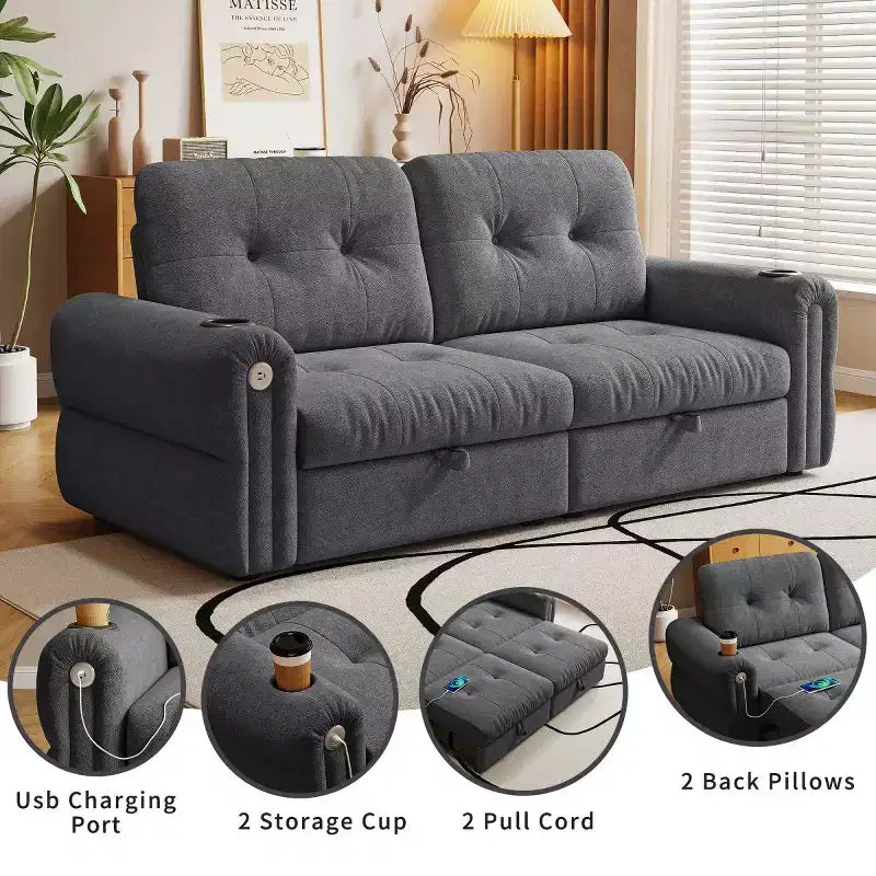 Modern 2-in-1 Convertible Sleeper Sofa Bed with Fold-Down Backrest, Soft Flannelette Pull-Out Sofa for Living Room or Guest Room