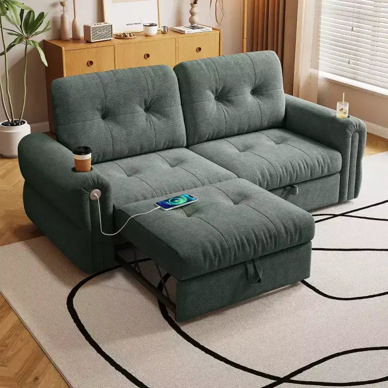 Modern 2-in-1 Convertible Sleeper Sofa Bed with Fold-Down Backrest, Soft Flannelette Pull-Out Sofa for Living Room or Guest Room