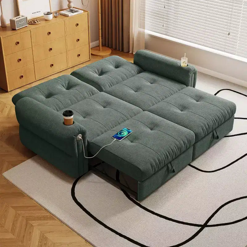 Modern 2-in-1 Convertible Sleeper Sofa Bed with Fold-Down Backrest, Soft Flannelette Pull-Out Sofa for Living Room or Guest Room