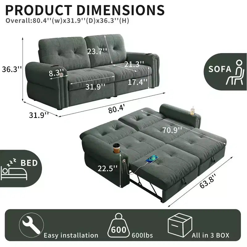 Modern 2-in-1 Convertible Sleeper Sofa Bed with Fold-Down Backrest, Soft Flannelette Pull-Out Sofa for Living Room or Guest Room