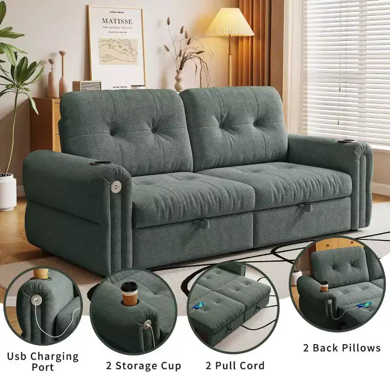 Modern 2-in-1 Convertible Sleeper Sofa Bed with Fold-Down Backrest, Soft Flannelette Pull-Out Sofa for Living Room or Guest Room