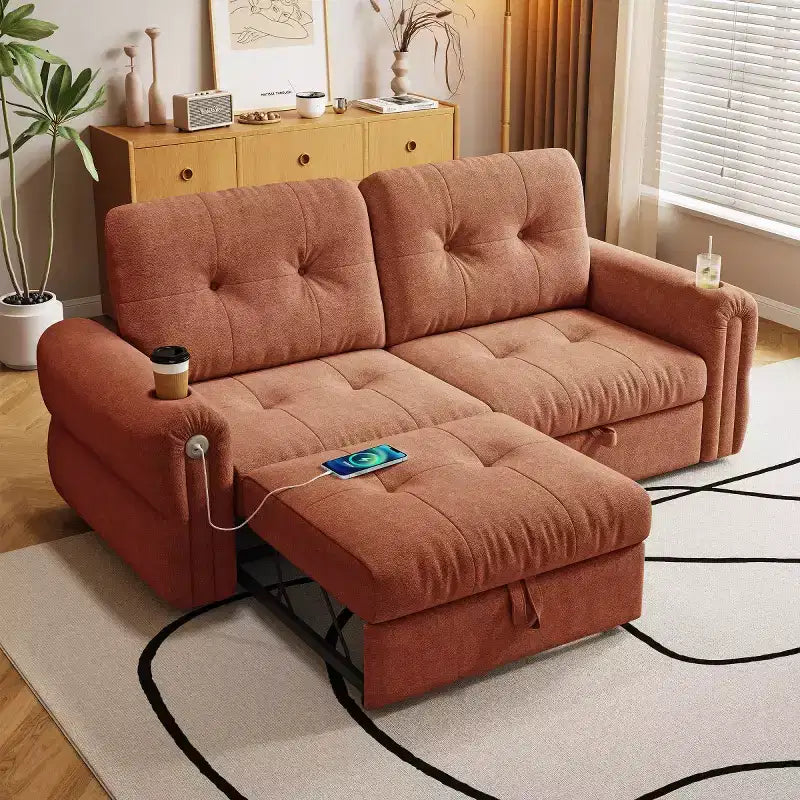 Modern 2-in-1 Convertible Sleeper Sofa Bed with Fold-Down Backrest, Soft Flannelette Pull-Out Sofa for Living Room or Guest Room