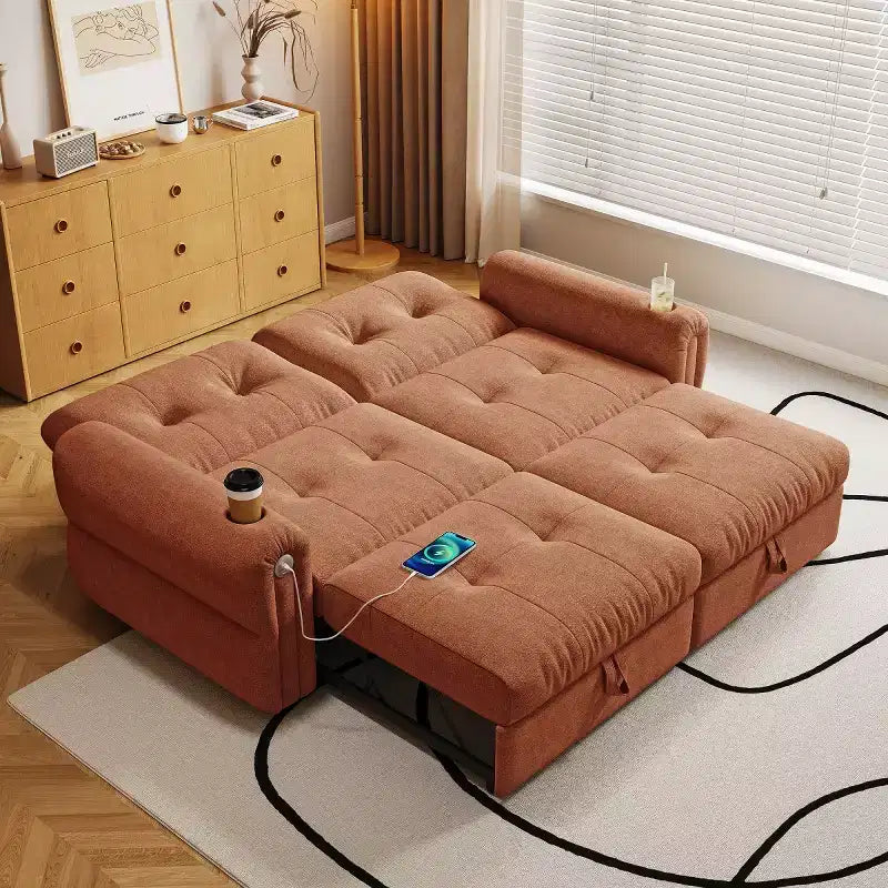 Modern 2-in-1 Convertible Sleeper Sofa Bed with Fold-Down Backrest, Soft Flannelette Pull-Out Sofa for Living Room or Guest Room