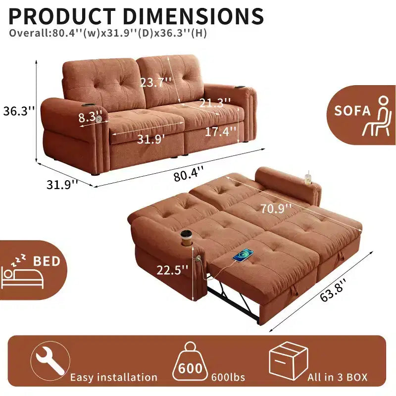 Modern 2-in-1 Convertible Sleeper Sofa Bed with Fold-Down Backrest, Soft Flannelette Pull-Out Sofa for Living Room or Guest Room