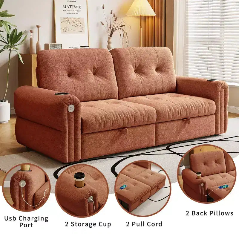 Modern 2-in-1 Convertible Sleeper Sofa Bed with Fold-Down Backrest, Soft Flannelette Pull-Out Sofa for Living Room or Guest Room