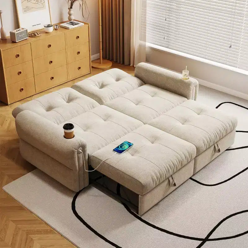 Modern 2-in-1 Convertible Sleeper Sofa Bed with Fold-Down Backrest, Soft Flannelette Pull-Out Sofa for Living Room or Guest Room
