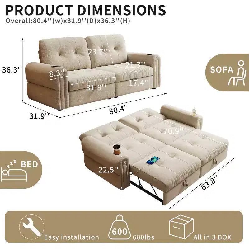 Modern 2-in-1 Convertible Sleeper Sofa Bed with Fold-Down Backrest, Soft Flannelette Pull-Out Sofa for Living Room or Guest Room