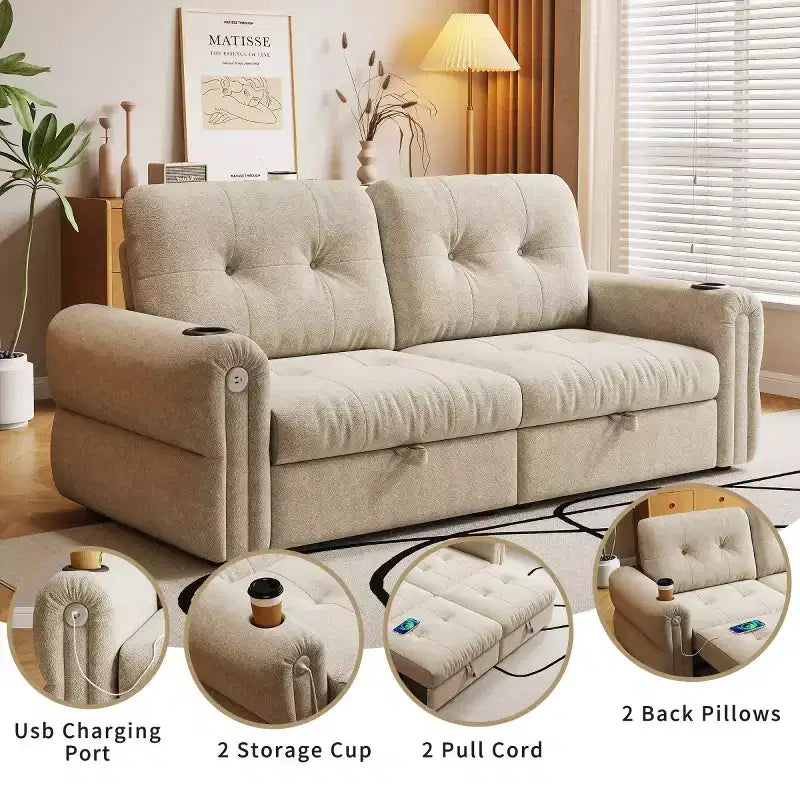 Modern 2-in-1 Convertible Sleeper Sofa Bed with Fold-Down Backrest, Soft Flannelette Pull-Out Sofa for Living Room or Guest Room