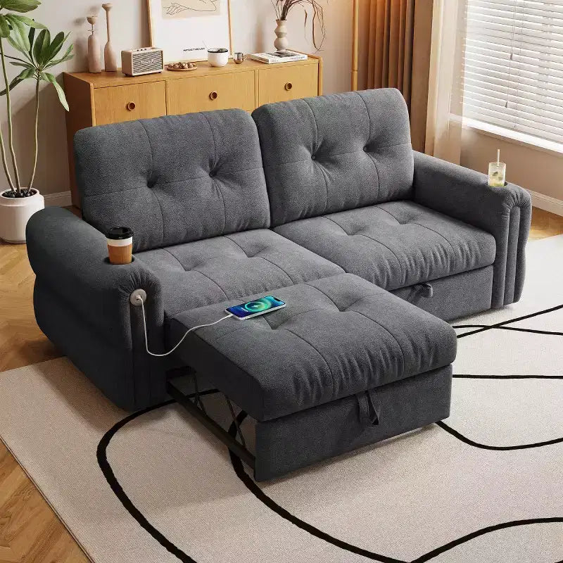 Modern 2-in-1 Convertible Sleeper Sofa Bed with Fold-Down Backrest, Soft Flannelette Pull-Out Sofa for Living Room or Guest Room