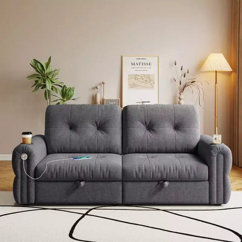 Modern 2-in-1 Convertible Sleeper Sofa Bed with Fold-Down Backrest, Soft Flannelette Pull-Out Sofa for Living Room or Guest Room