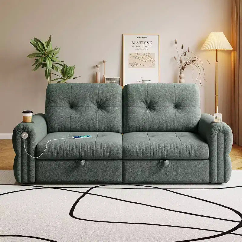 Modern 2-in-1 Convertible Sleeper Sofa Bed with Fold-Down Backrest, Soft Flannelette Pull-Out Sofa for Living Room or Guest Room