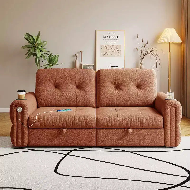 Modern 2-in-1 Convertible Sleeper Sofa Bed with Fold-Down Backrest, Soft Flannelette Pull-Out Sofa for Living Room or Guest Room