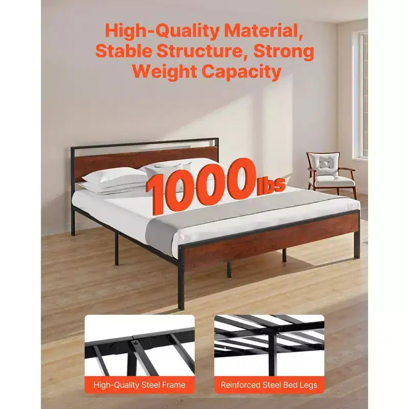 King Platform Bed Frame with Wood Headboard and Footboard, 1000 lb Capacity, Black