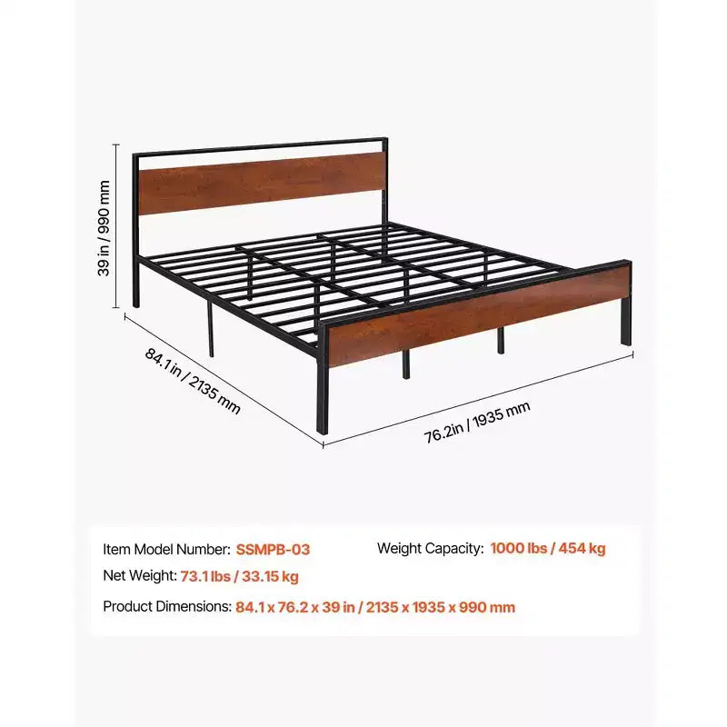 King Platform Bed Frame with Wood Headboard and Footboard, 1000 lb Capacity, Black