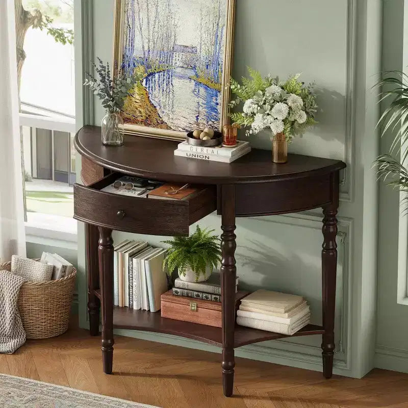 Half Moon Console Table with Drawer & Shelf