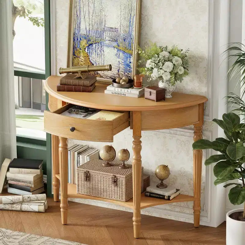Half Moon Console Table with Drawer & Shelf