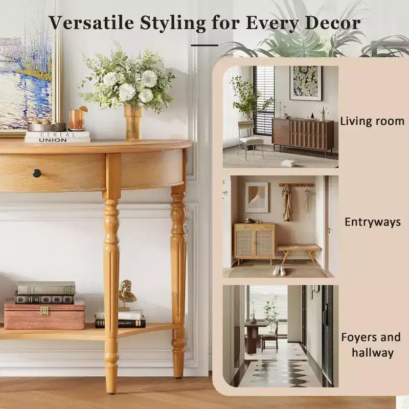 Half Moon Console Table with Drawer & Shelf