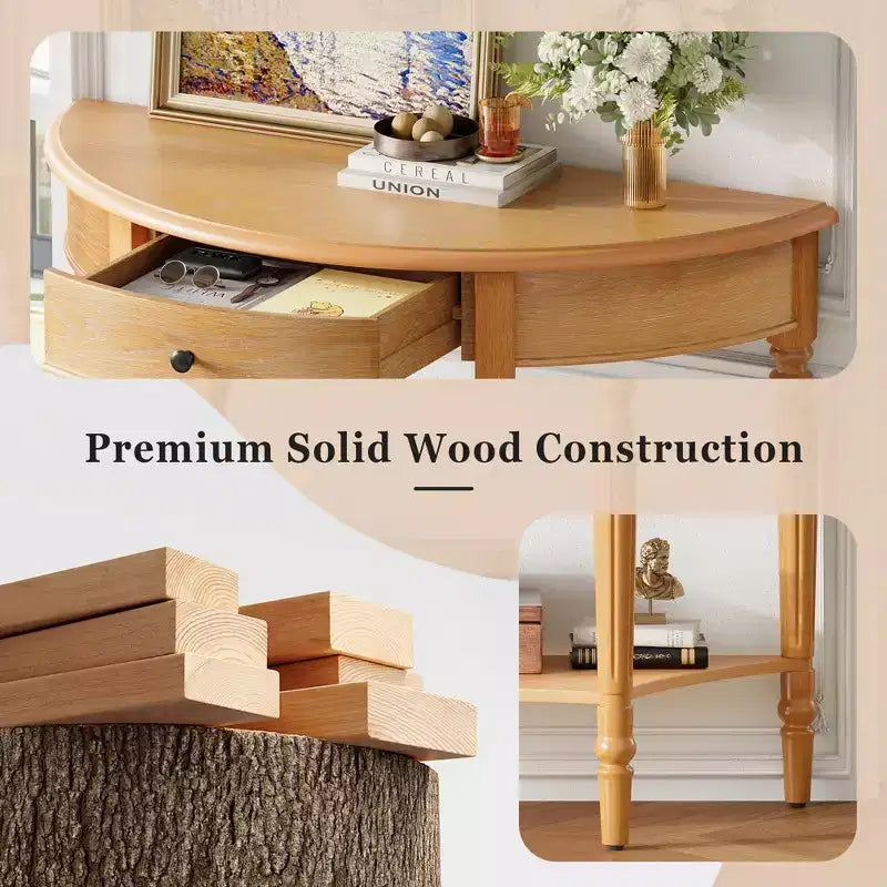 Half Moon Console Table with Drawer & Shelf