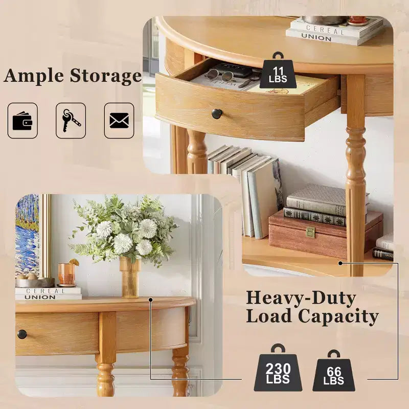 Half Moon Console Table with Drawer & Shelf