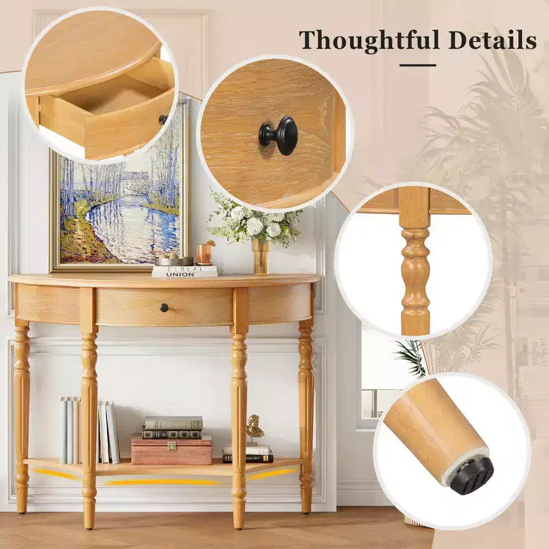 Half Moon Console Table with Drawer & Shelf