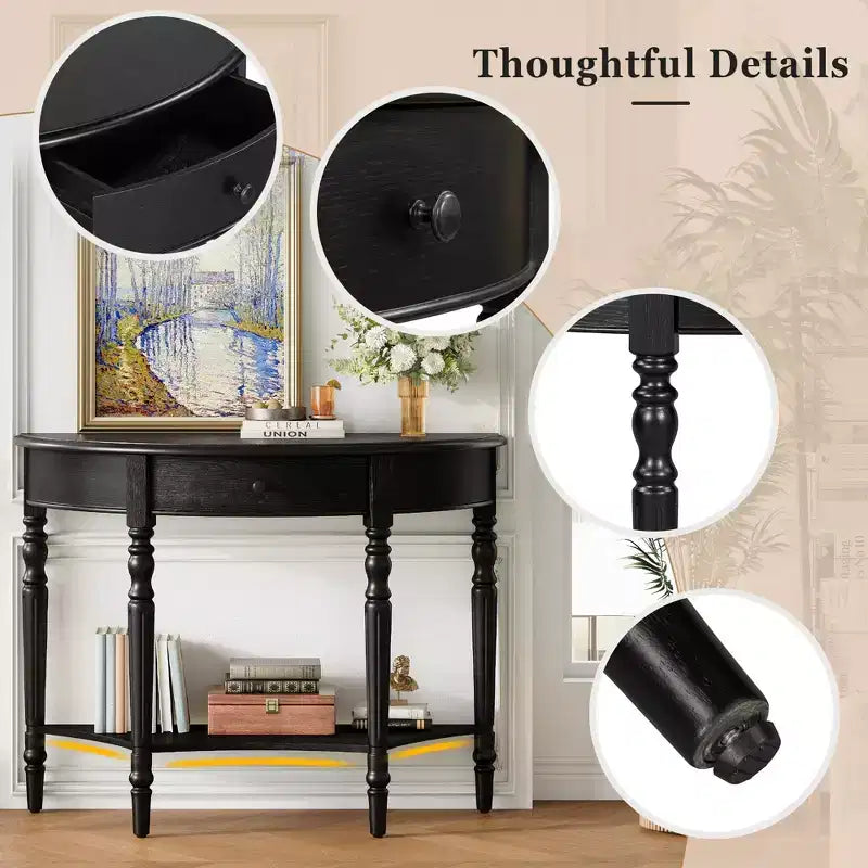 Half Moon Console Table with Drawer & Shelf
